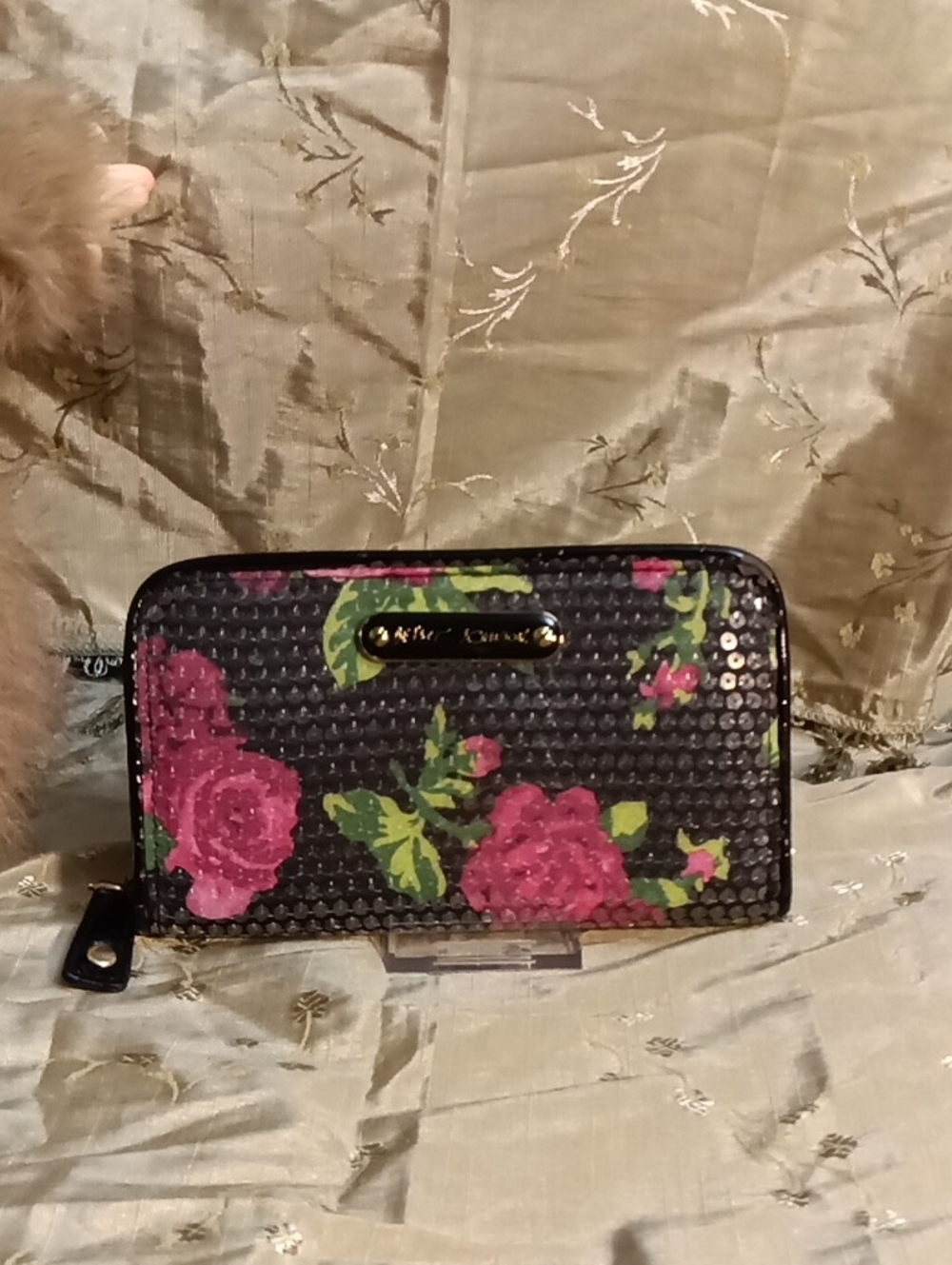 Betsey Johnson Floral Zip Wallet - Black with Pink Roses